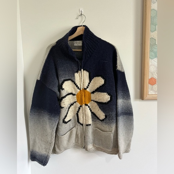 100% Wool Knit Daisy Zip Up in Navy & Gray Size XL - Picture 1 of 7